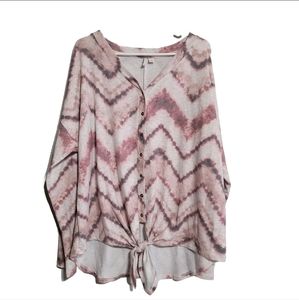 Cato women's top XL Tie Front Button Up Stretchy Pink Gray Shirt Western Cowgirl